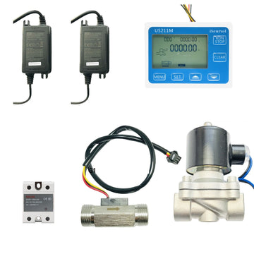 Complete kit of the Digital Flow Meter & Dosage Controller, showing the digital display, solenoid valve, and flow sensor.